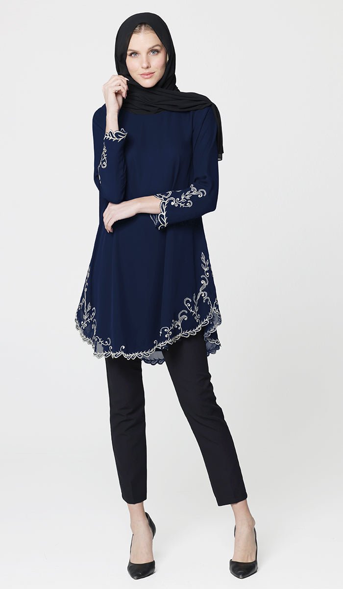 Meena Chiffon Formal Embroidered Long Modest Tunic - Navy Blue