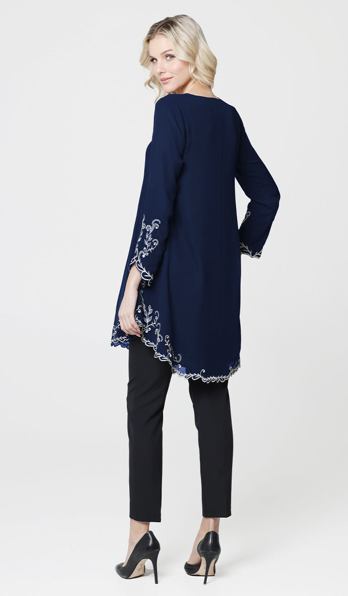 Meena Chiffon Formal Embroidered Long Modest Tunic - Navy Blue