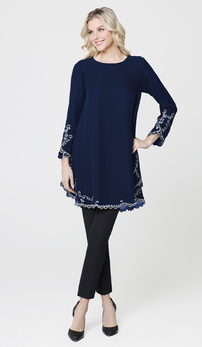 Meena Chiffon Formal Embroidered Long Modest Tunic - Navy Blue