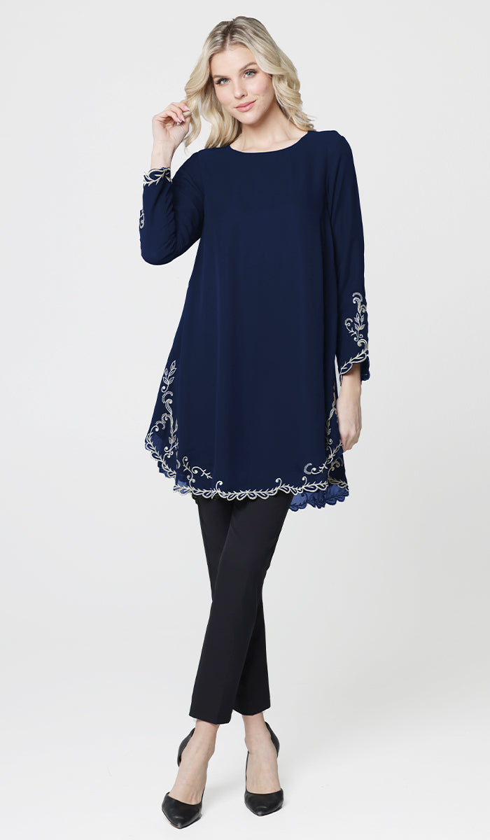 Meena Chiffon Formal Embroidered Long Modest Tunic - Navy Blue