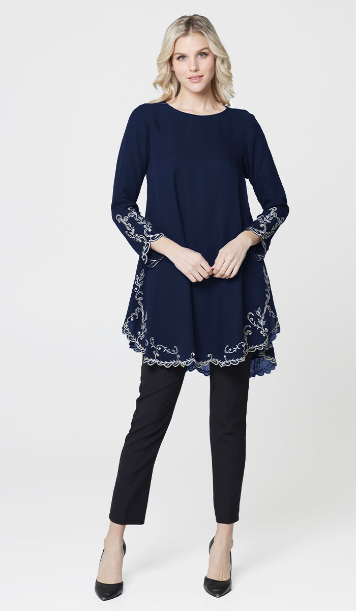 Meena Chiffon Formal Embroidered Long Modest Tunic - Navy Blue