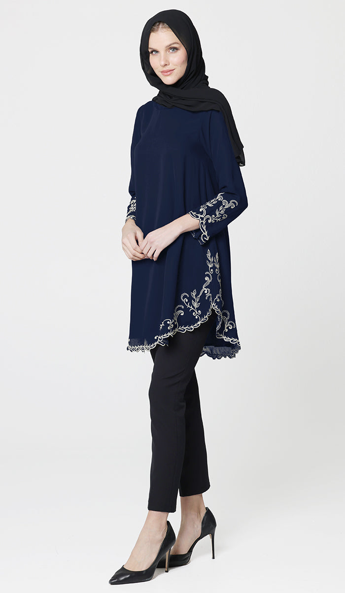 Meena Chiffon Formal Embroidered Long Modest Tunic - Navy Blue