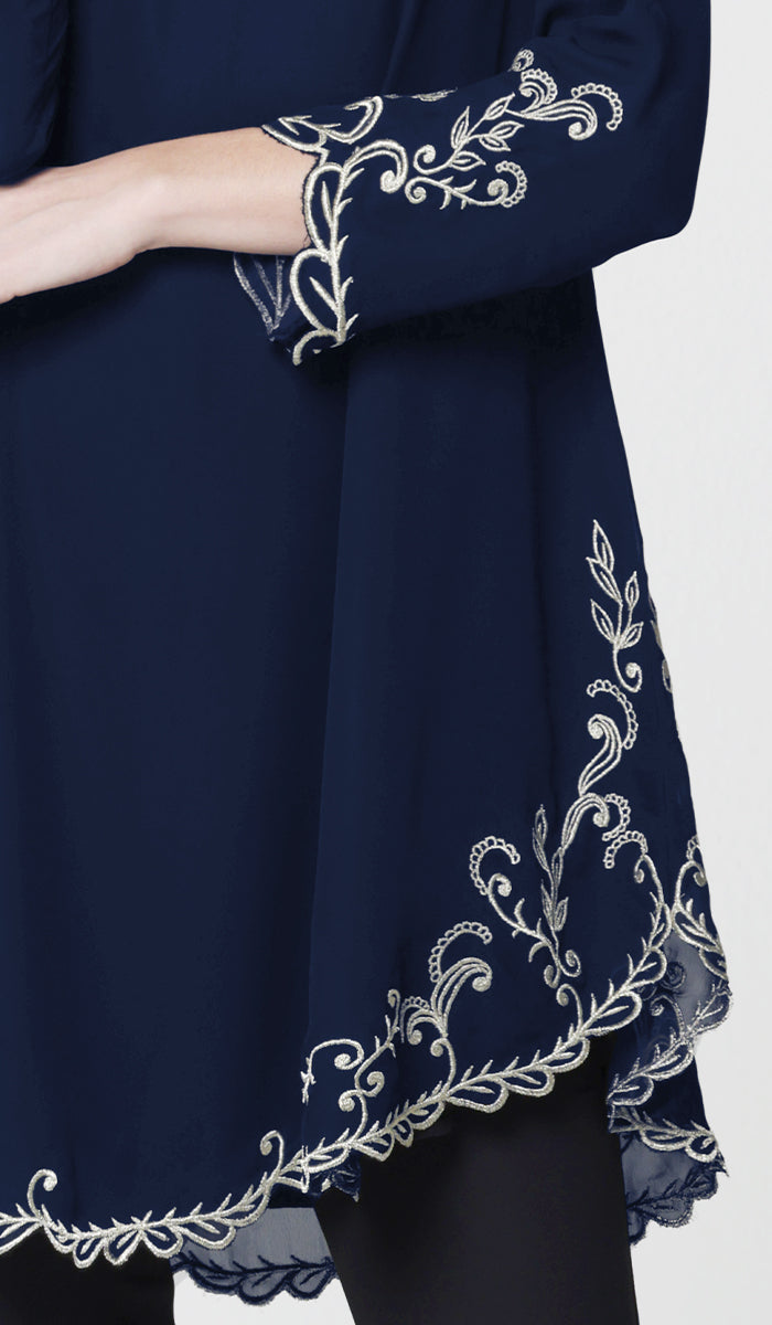 Meena Chiffon Formal Embroidered Long Modest Tunic - Navy Blue