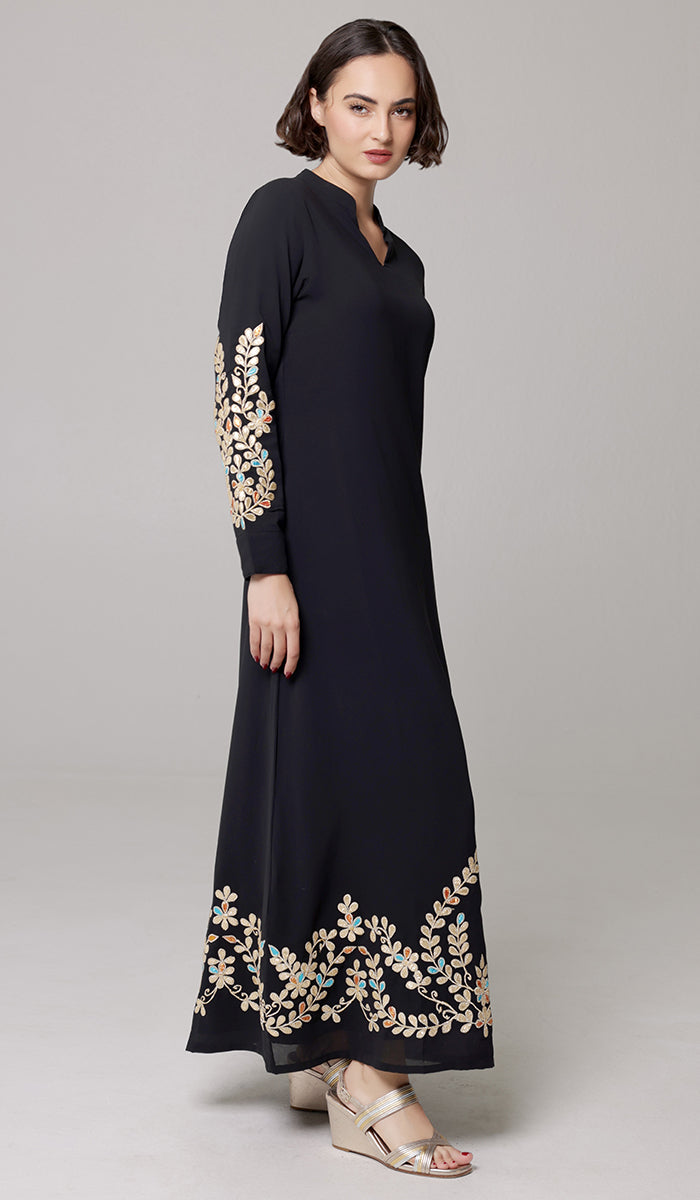 Meraj Gold Embellished Modest Long Maxi Dress - Black - PREORDER (ships in 2 weeks)