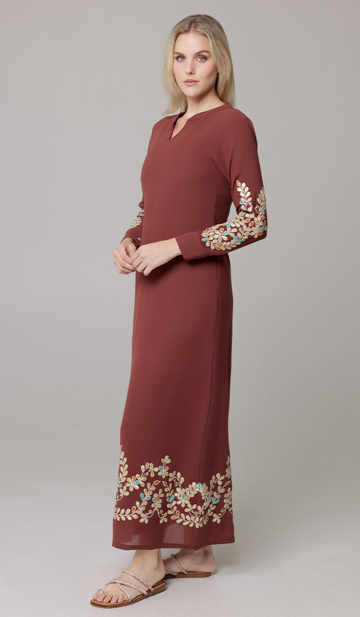 Meraj Gold Embellished Modest Long Maxi Dress - Brick - PREORDER (ships in 2 weeks)