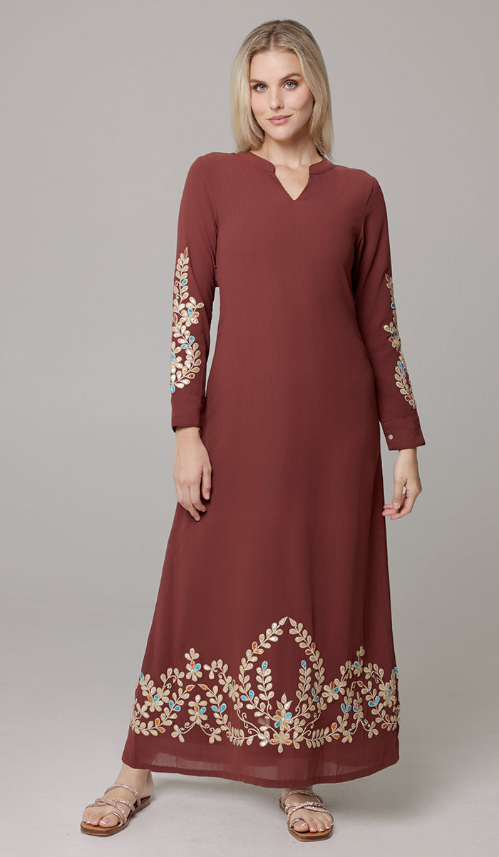 Meraj Gold Embellished Modest Long Maxi Dress - Brick - PREORDER (ships in 2 weeks)