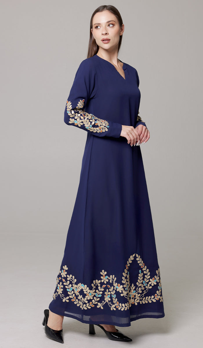 Meraj Gold Embellished Modest Long Maxi Dress - Sapphire - PREORDER (ships in 2 weeks)