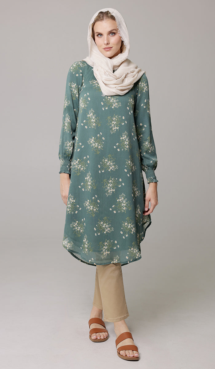 Miral Modest Essential Long Print Chiffon Midi - Jade Floral - PREORDER (ships in 2 weeks)