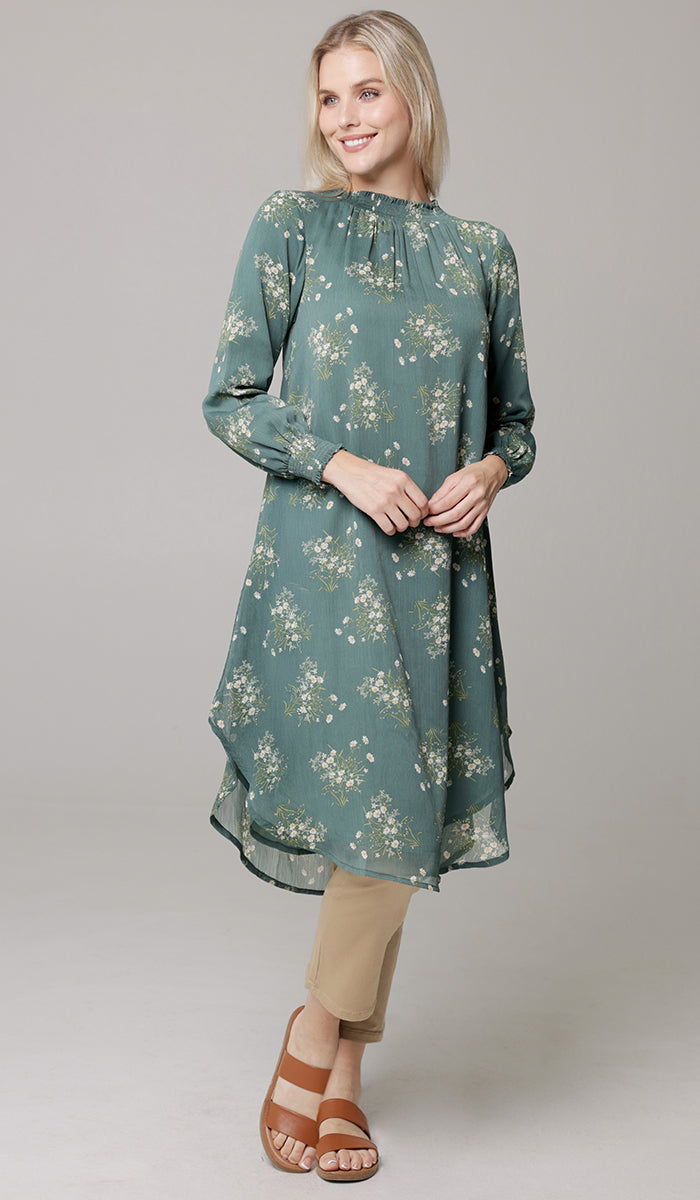 Miral Modest Essential Long Print Chiffon Midi - Jade Floral - PREORDER (ships in 2 weeks)