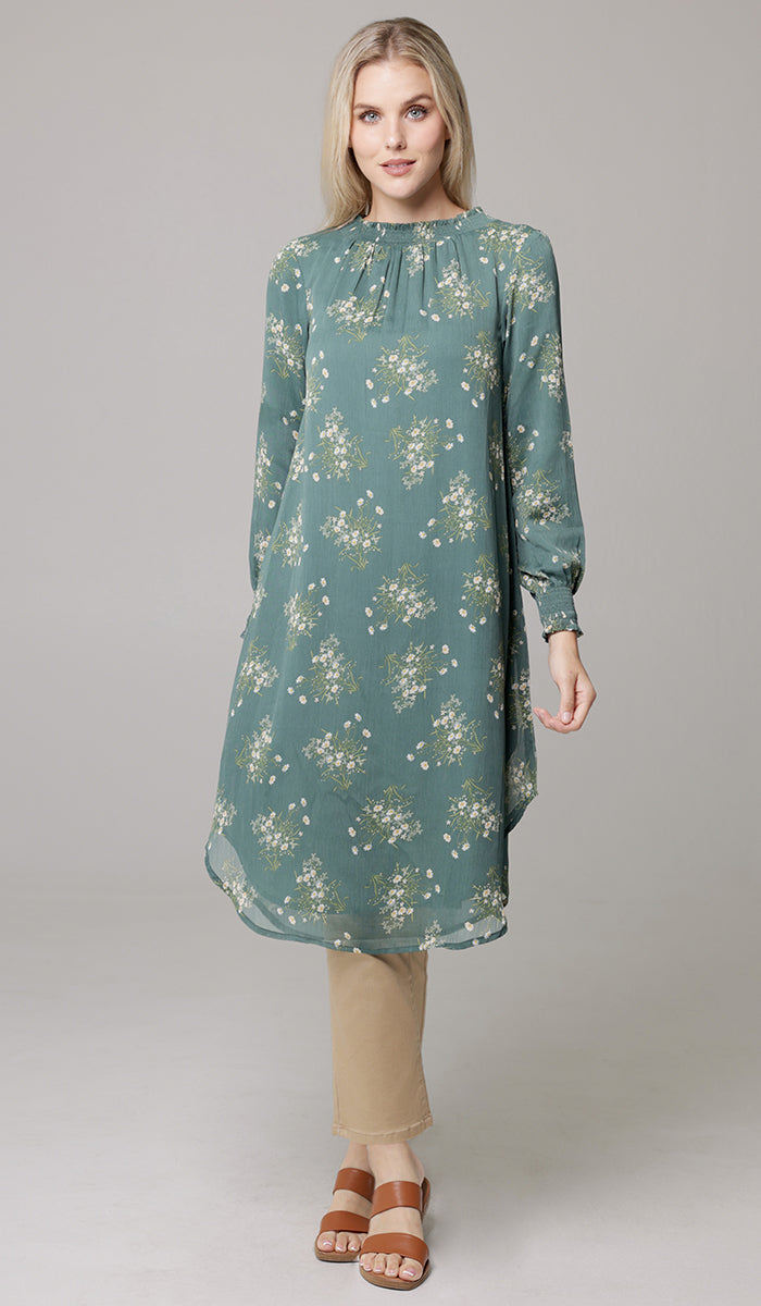 Miral Modest Essential Long Print Chiffon Midi - Jade Floral - PREORDER (ships in 2 weeks)