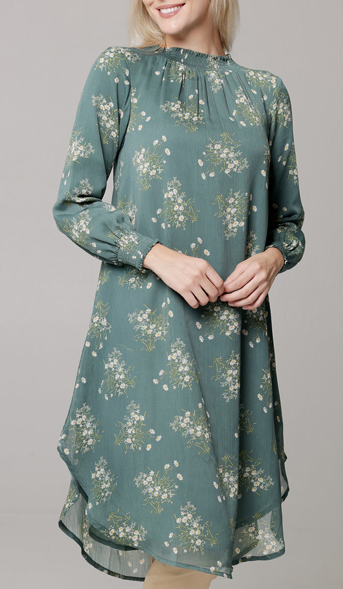 Miral Modest Essential Long Print Chiffon Midi - Jade Floral - PREORDER (ships in 2 weeks)