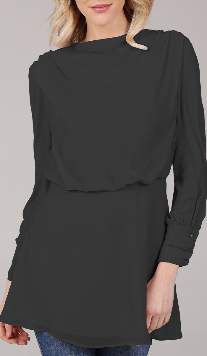 Smiling woman wearing modest Myra tunic in Black. 