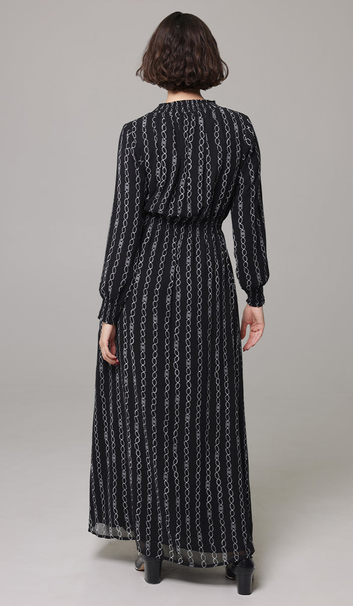 Nadia Smocked Print Chiffon Modest Long Maxi Dress - Black/White - PREORDER (ships in 2 weeks)