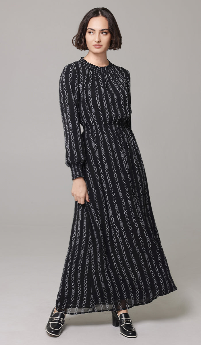 Nadia Smocked Print Chiffon Modest Long Maxi Dress - Black/White - PREORDER (ships in 2 weeks)