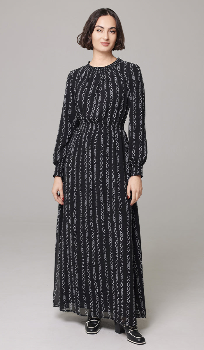 Nadia Smocked Print Chiffon Modest Long Maxi Dress - Black/White - PREORDER (ships in 2 weeks)