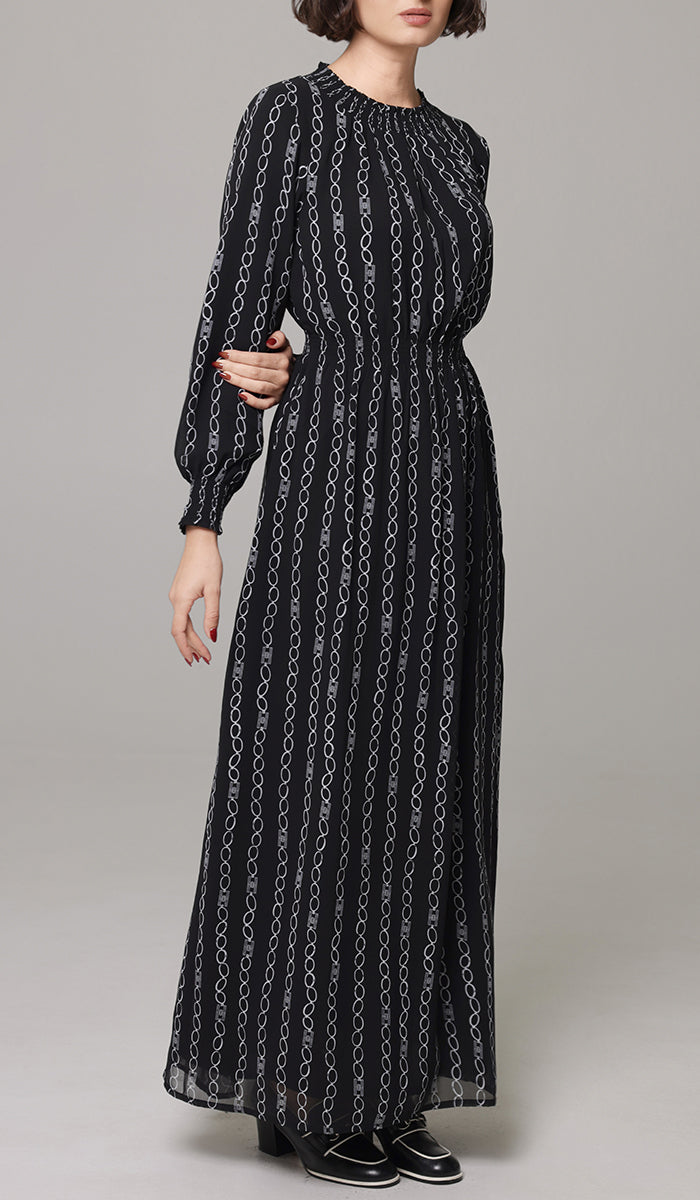 Nadia Smocked Print Chiffon Modest Long Maxi Dress - Black/White - PREORDER (ships in 2 weeks)