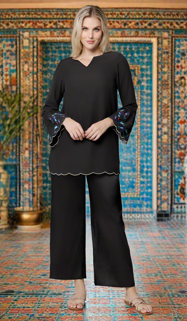 Nahar Embroidered Long Modest Tunic - Black/Gold - PREORDER (ships in 2 weeks)