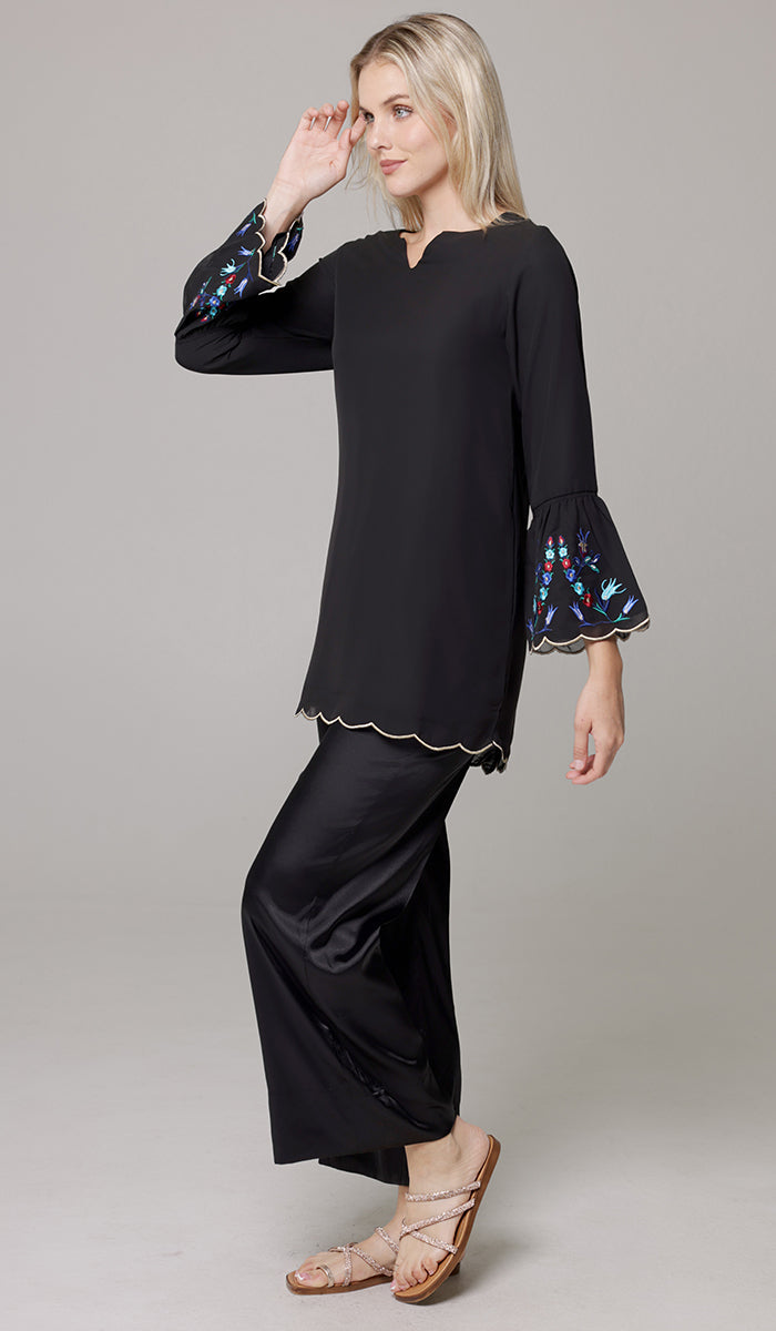 Nahar Embroidered Long Modest Tunic - Black/Gold - PREORDER (ships in 2 weeks)