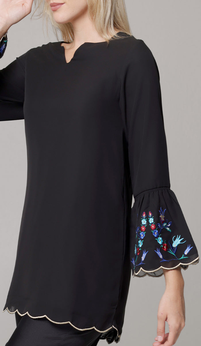 Nahar Embroidered Long Modest Tunic - Black/Gold - PREORDER (ships in 2 weeks)