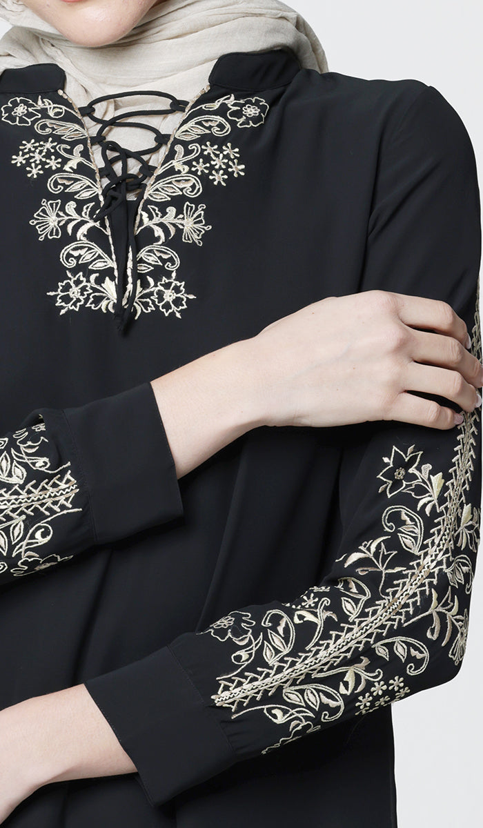 Nahid Embroidered Long Modest Tunic - Black