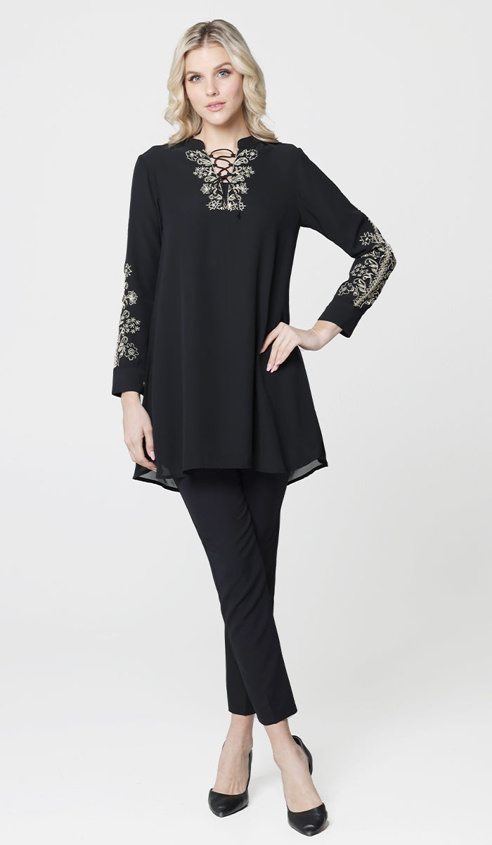 Nahid Embroidered Long Modest Tunic - Black