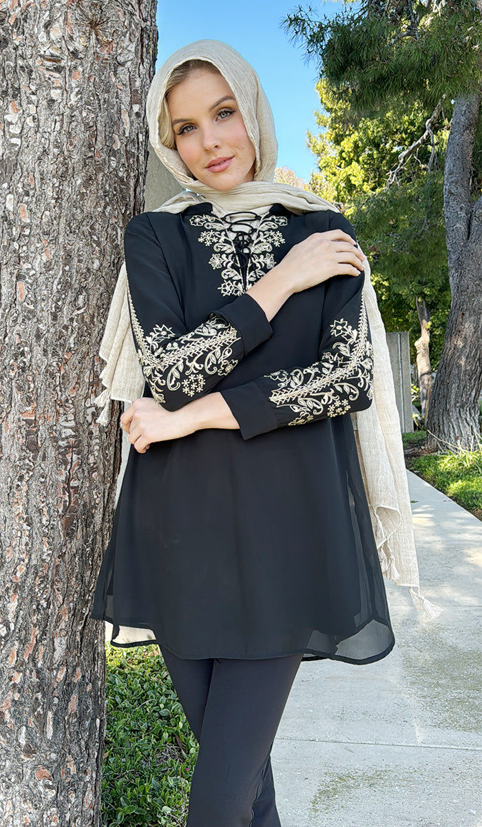 Nahid Embroidered Long Modest Tunic - Black