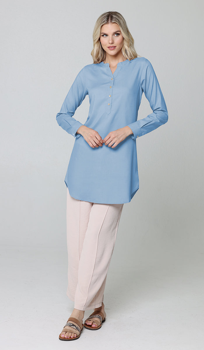 Parisa Mostly Cotton Long Modest Everyday Tunic - French Blue