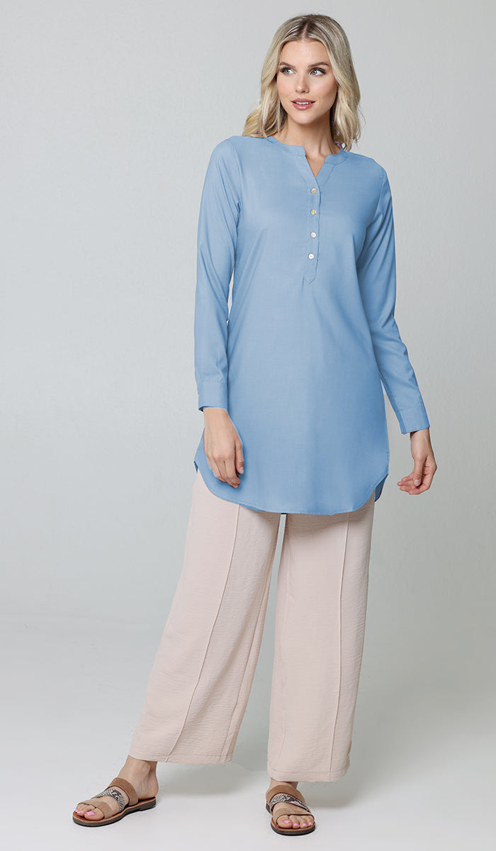 Parisa Mostly Cotton Long Modest Everyday Tunic - French Blue