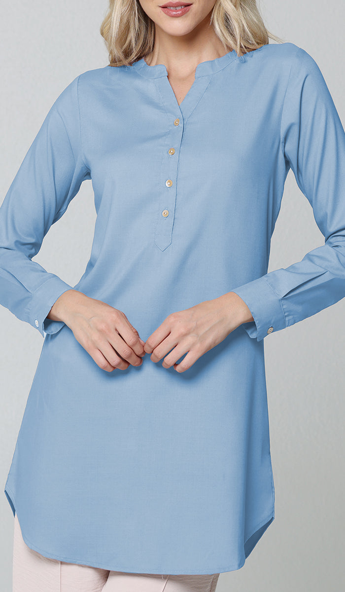 Parisa Mostly Cotton Long Modest Everyday Tunic - French Blue