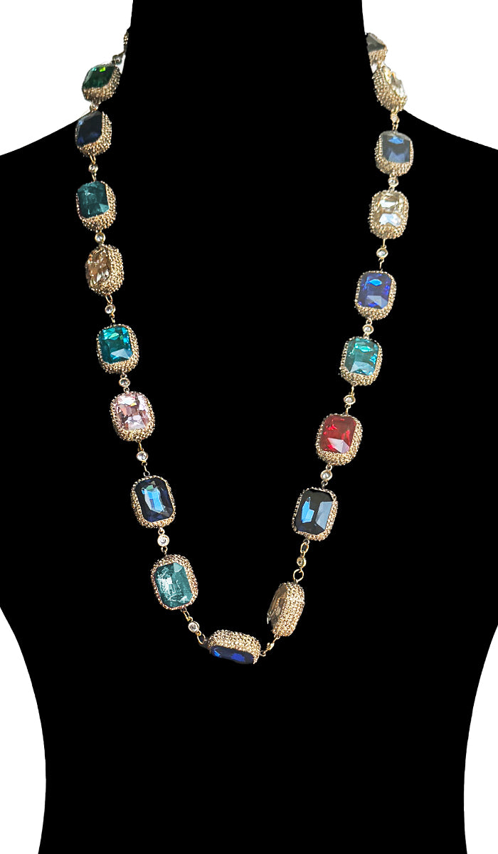 Quzah Multicolor Long Jeweled Statement Necklace - Princess Cut