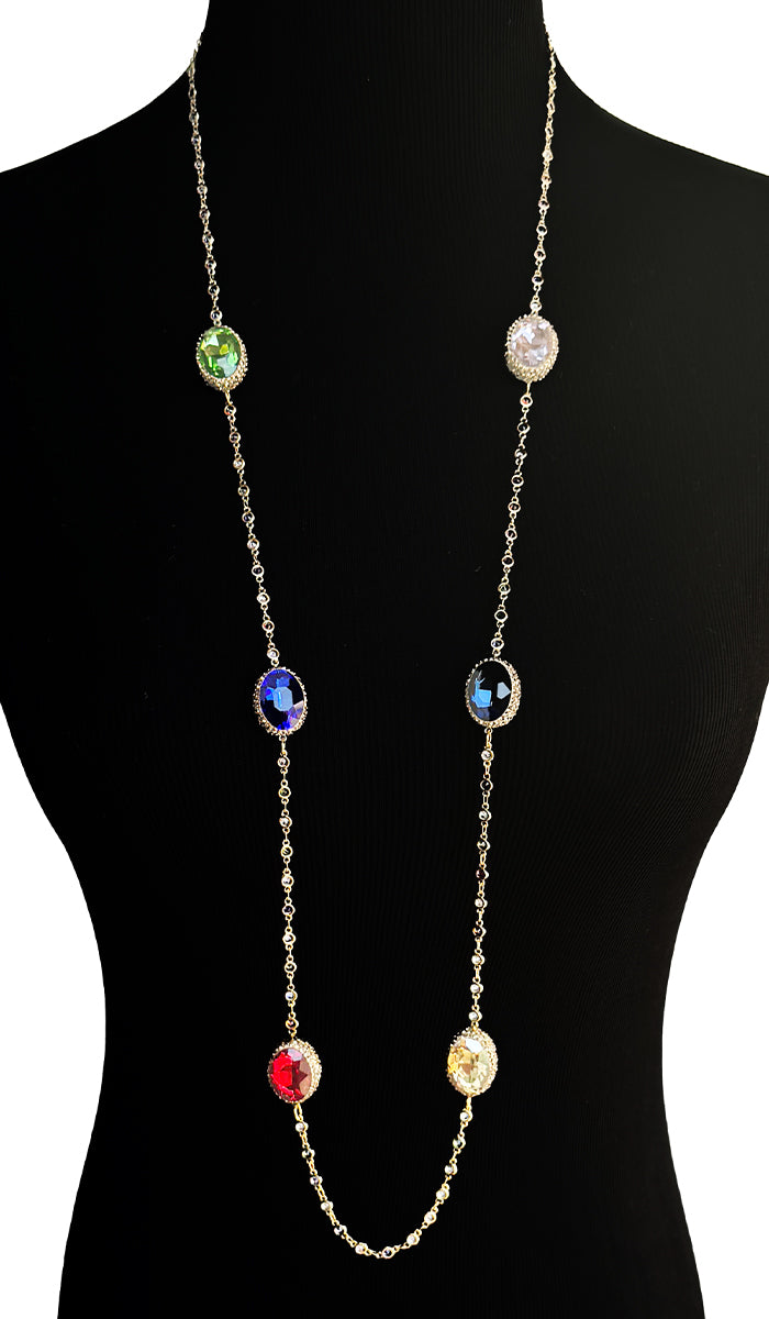 Quzah Multicolor Long Jeweled Statement Necklace - Oval Cut