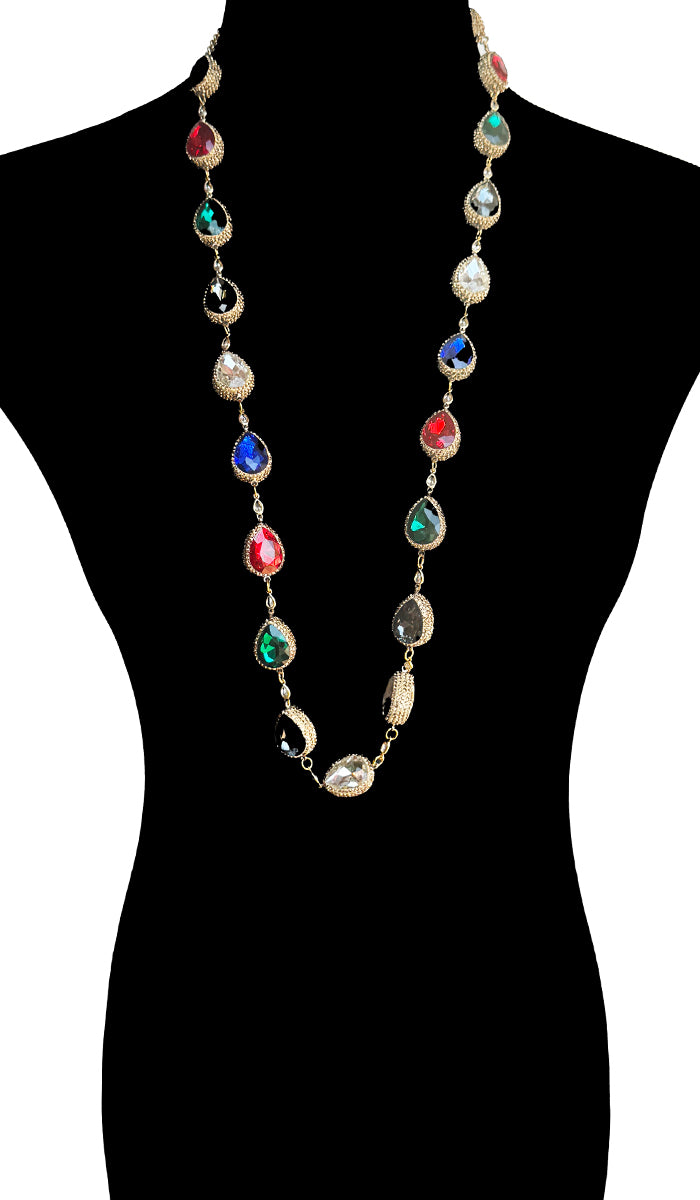 Quzah Multicolor Long Jeweled Statement Necklace - Teardrop Cut