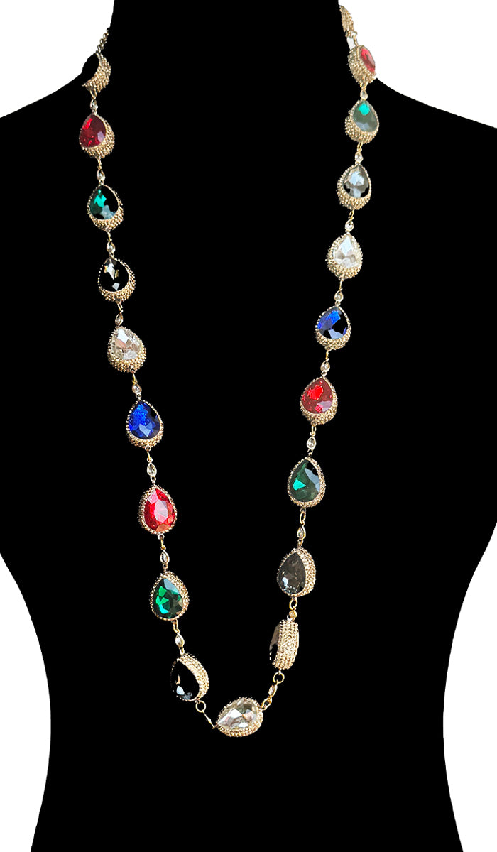 Quzah Multicolor Long Jeweled Statement Necklace - Teardrop Cut