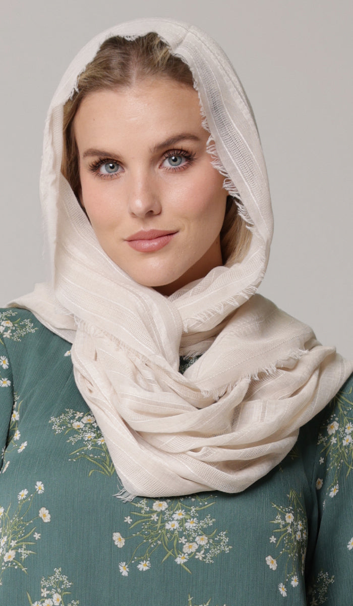 Rabia Non-slip Cotton Striped Wrap Hijab Scarf - Oatmeal