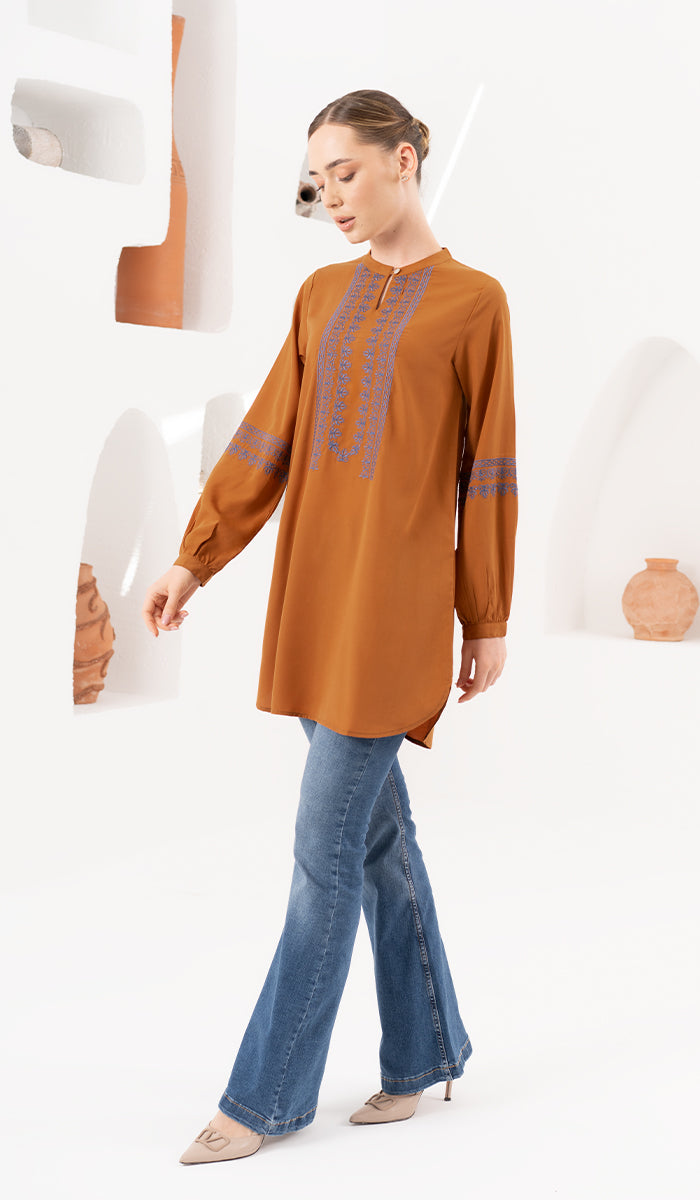 Razia Embroidered Long Modest Tunic - Saffron