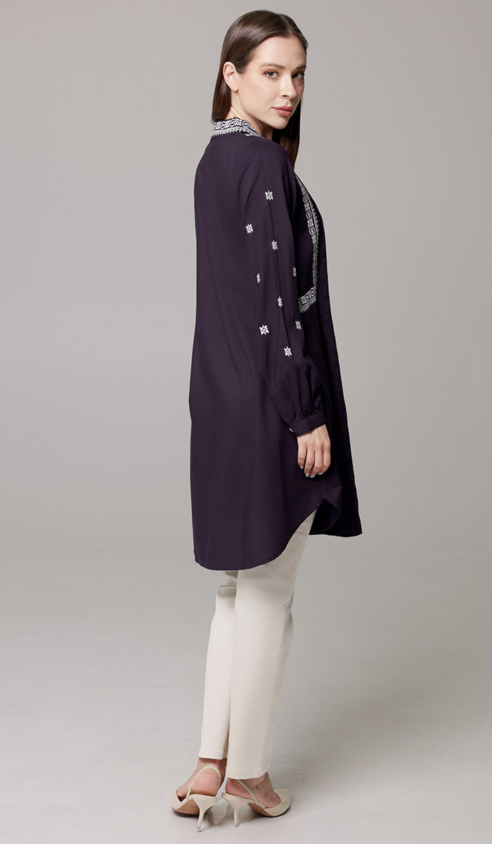 Rubab Embroidered Modest Cotton Feel Midi Tunic - Aubergine/White - PREORDER (ships in 2 weeks)