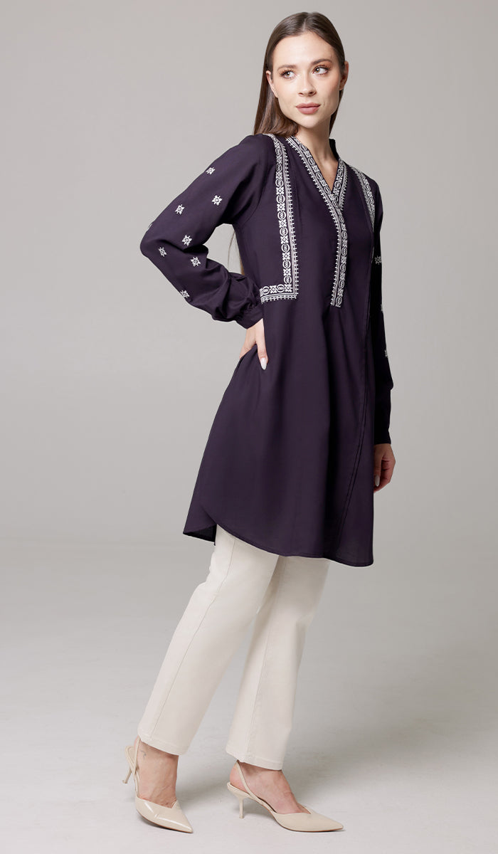 Rubab Embroidered Modest Cotton Feel Midi Tunic - Aubergine/White - PREORDER (ships in 2 weeks)