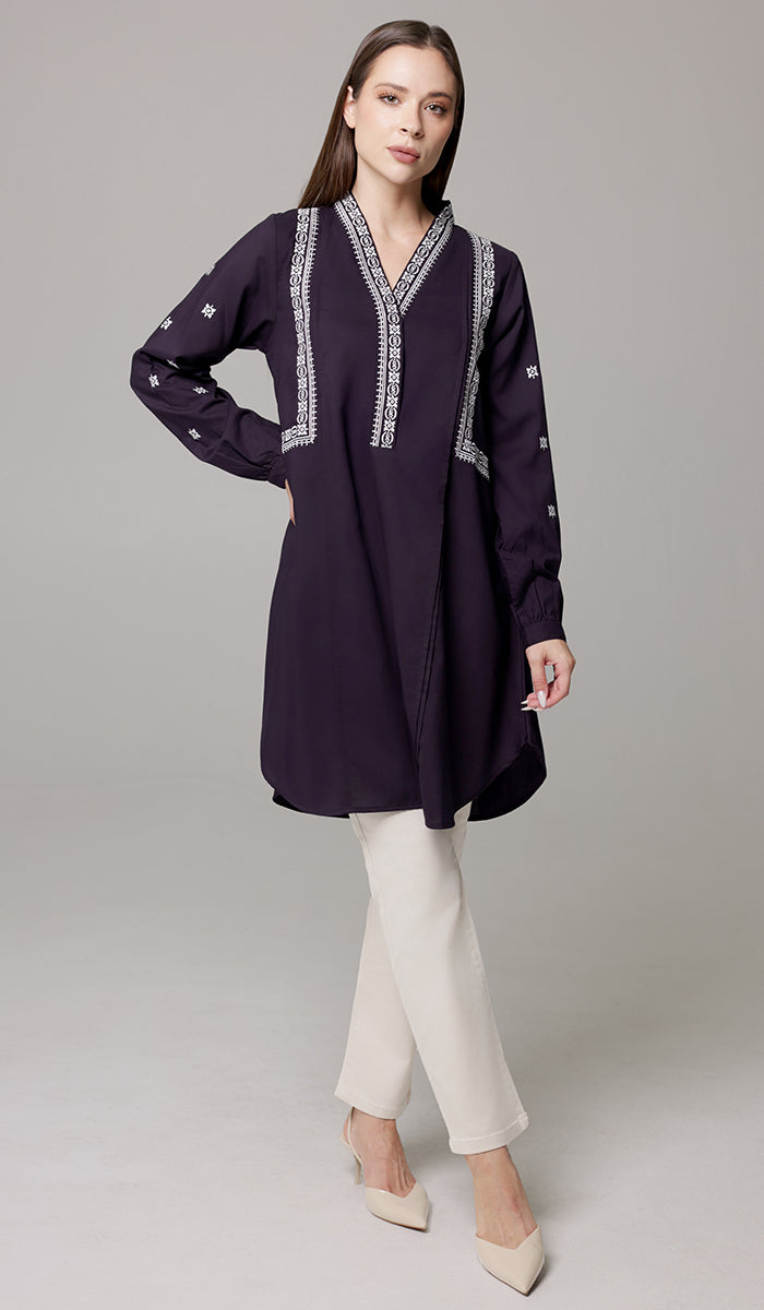 Rubab Embroidered Modest Cotton Feel Midi Tunic - Aubergine/White - PREORDER (ships in 2 weeks)