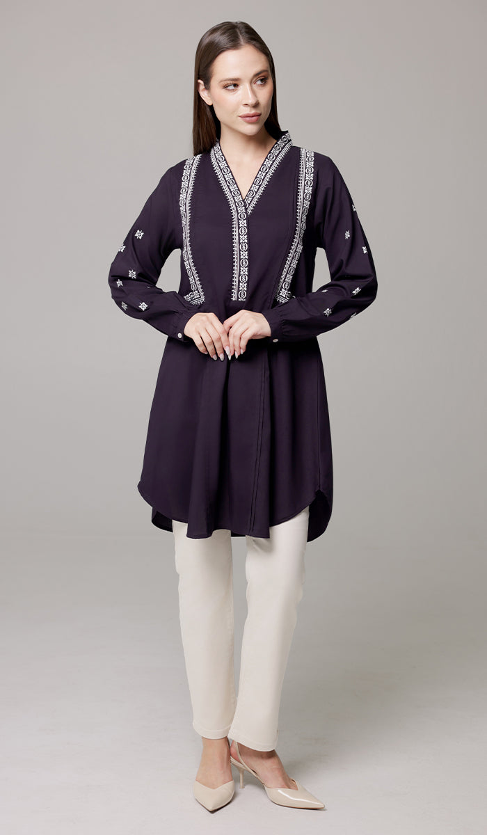 Rubab Embroidered Modest Cotton Feel Midi Tunic - Aubergine/White - PREORDER (ships in 2 weeks)