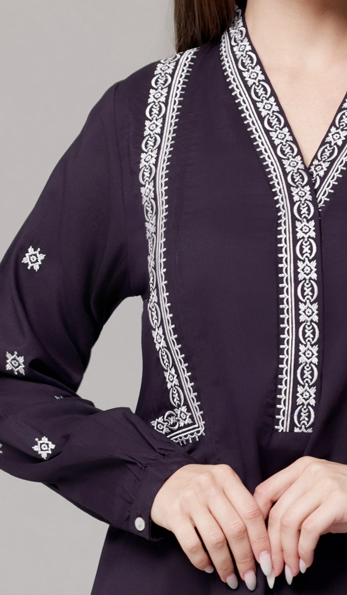 Rubab Embroidered Modest Cotton Feel Midi Tunic - Aubergine/White - PREORDER (ships in 2 weeks)