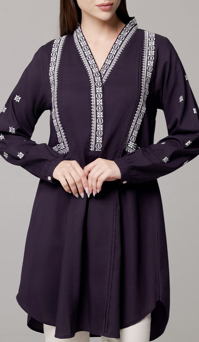 Rubab Embroidered Modest Cotton Feel Midi Tunic - Aubergine/White - PREORDER (ships in 2 weeks)