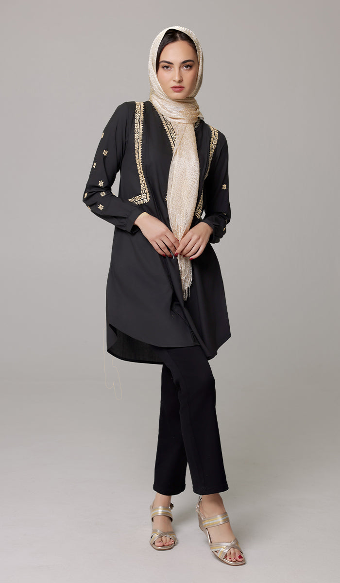 Rubab Embroidered Modest Cotton Feel Midi Tunic - Black/Gold - PREORDER (ships in 2 weeks)