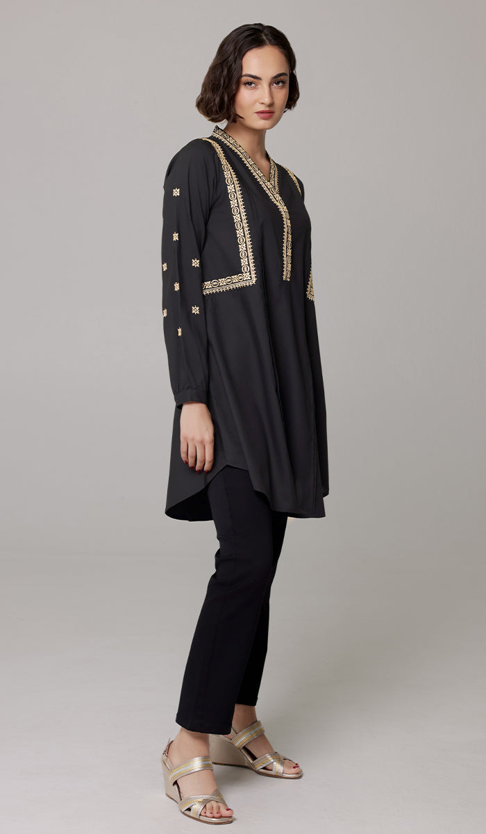 Rubab Embroidered Modest Cotton Feel Midi Tunic - Black/Gold - PREORDER (ships in 2 weeks)