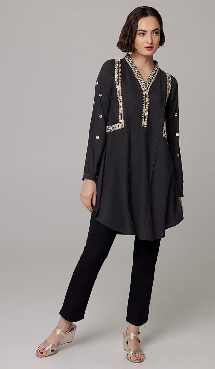 Rubab Embroidered Modest Cotton Feel Midi Tunic - Black/Gold - PREORDER (ships in 2 weeks)