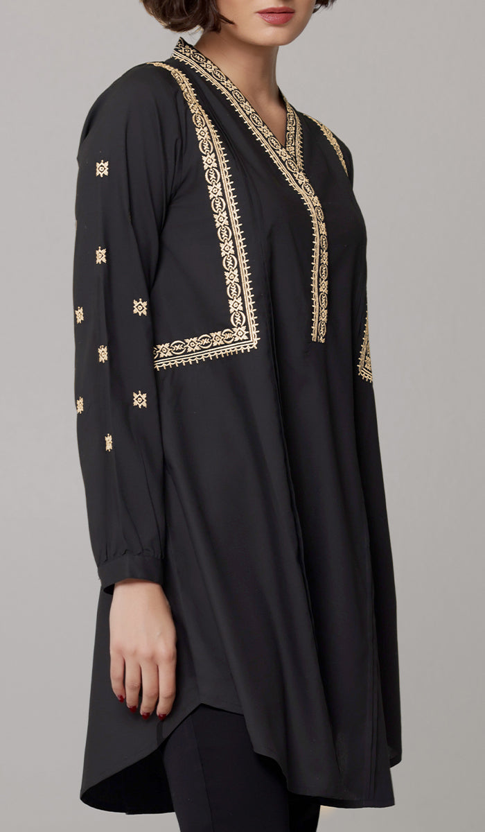 Rubab Embroidered Modest Cotton Feel Midi Tunic - Black/Gold - PREORDER (ships in 2 weeks)