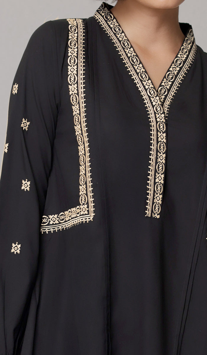 Rubab Embroidered Modest Cotton Feel Midi Tunic - Black/Gold - PREORDER (ships in 2 weeks)