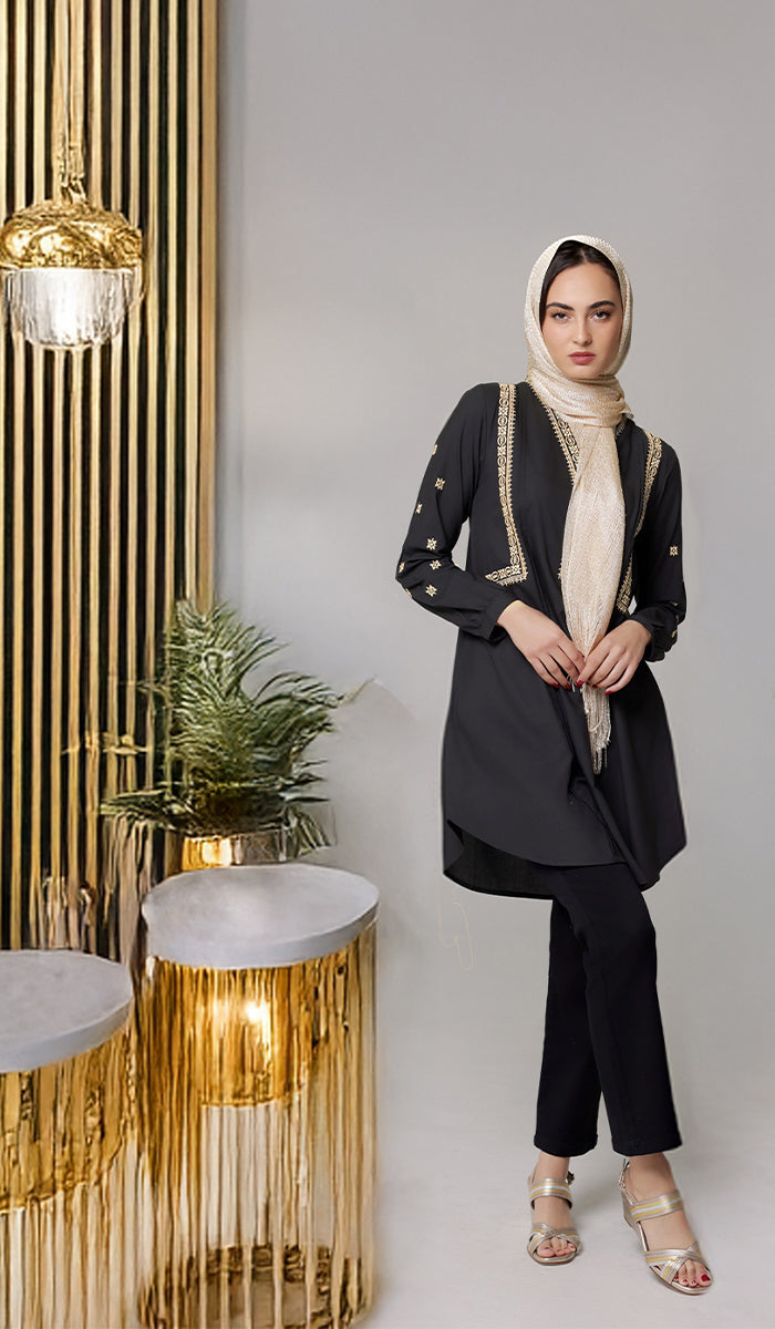 Rubab Embroidered Modest Cotton Feel Midi Tunic - Black/Gold - PREORDER (ships in 2 weeks)