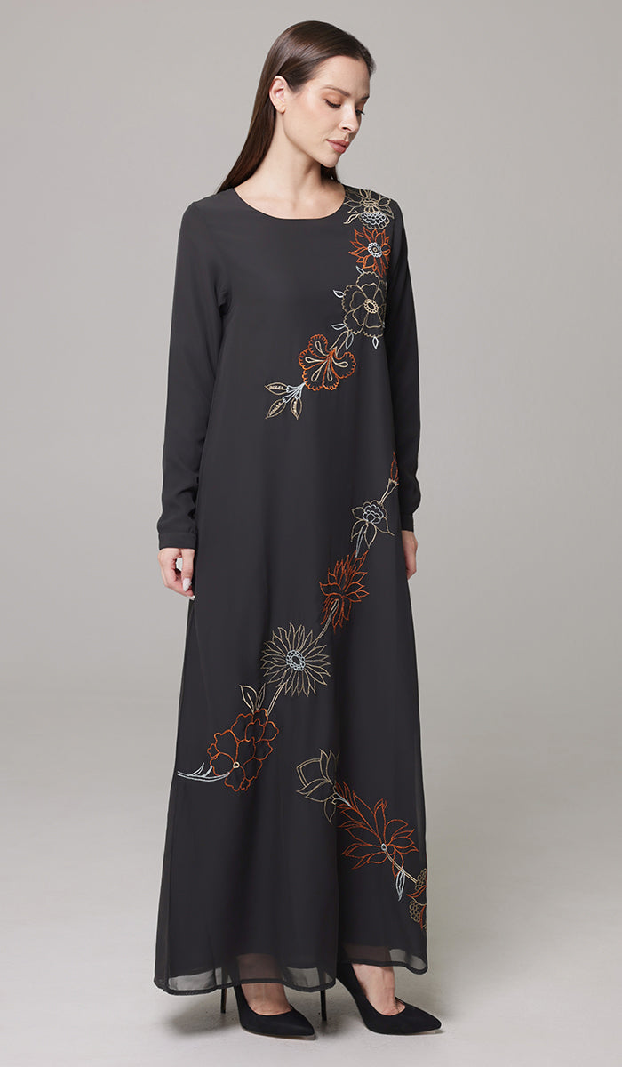 Saman Embroidered Chiffon Modest Long Maxi Dress - Black - PREORDER (ships in 2 weeks)