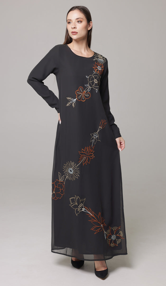 Saman Embroidered Chiffon Modest Long Maxi Dress - Black - PREORDER (ships in 2 weeks)