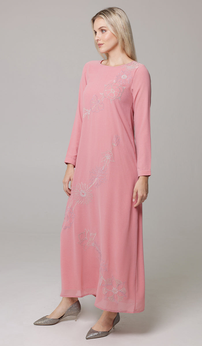 Saman Embroidered Chiffon Modest Long Maxi Dress - Candy